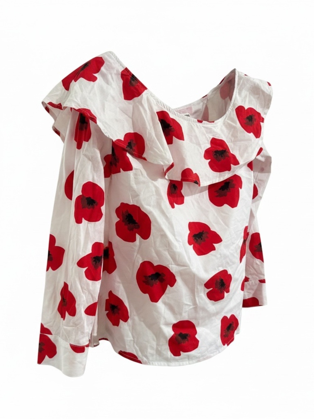 Off-Shoulder White Blouse with Red Floral Print
